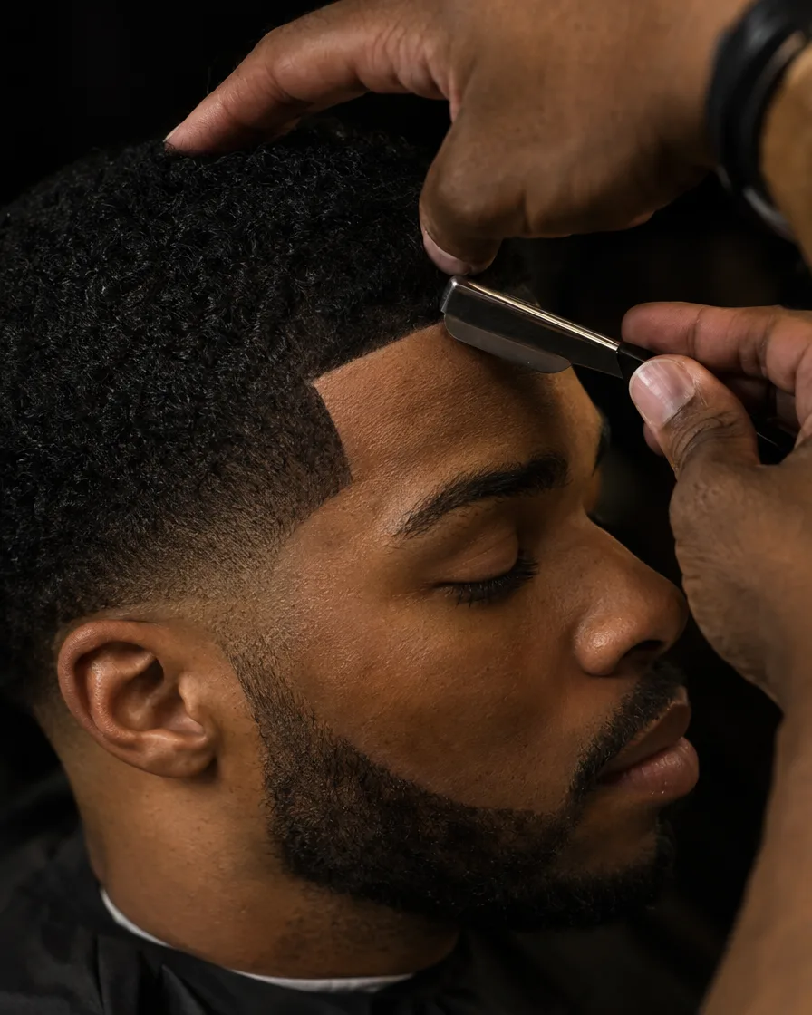 A straight razor carving a crisp line-up at the temple