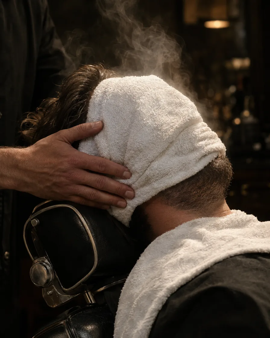 A hot towel being pressed on before a straight razor shave